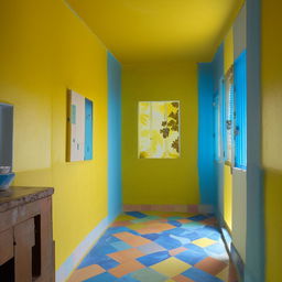 A 12x12 room featuring a chatkile color scheme, with neela (blue) and peela (yellow) walls and a striking neela (blue) floor. The room decoration complements the vibrant colours.