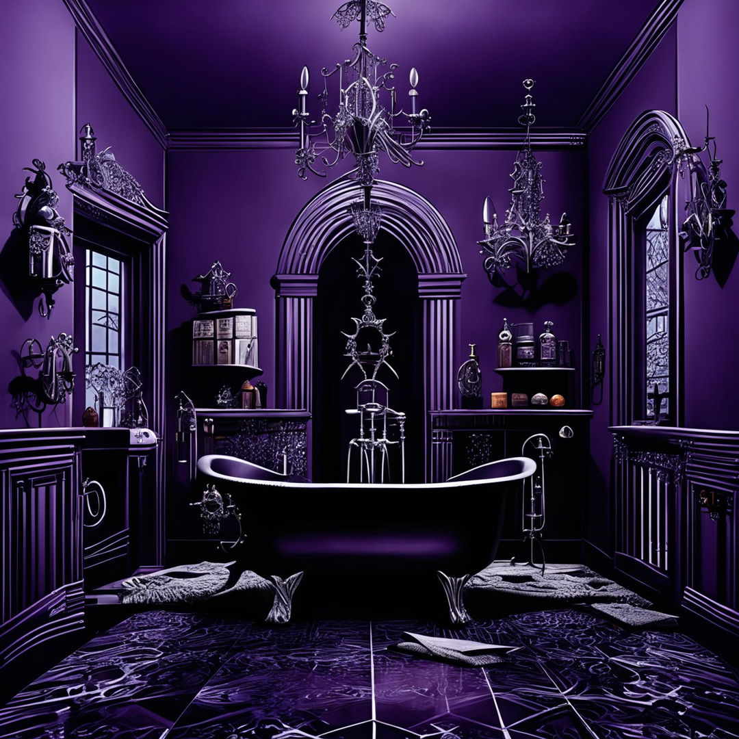 A 32k digital art cross-section of a spacious witch-inspired bathroom with purple walls, hexagonal floor tiles, clawfoot bathtub filled with glowing water, ornate mirror, vanity table with witchy items, bookshelf with arcane books, fireplace with green flames and mantelpiece displaying curiosities