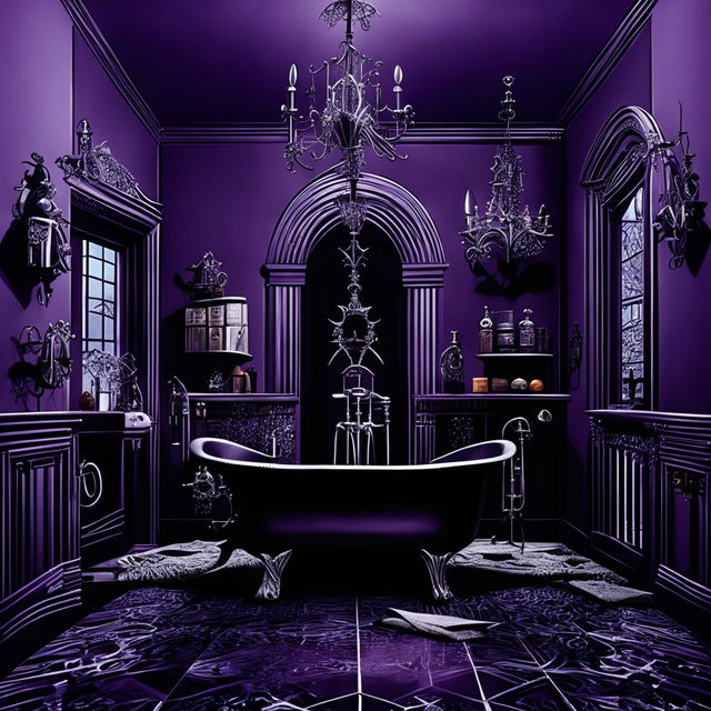 A 32k digital art cross-section of a spacious witch-inspired bathroom with purple walls, hexagonal floor tiles, clawfoot bathtub filled with glowing water, ornate mirror, vanity table with witchy items, bookshelf with arcane books, fireplace with green flames and mantelpiece displaying curiosities