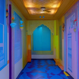 A 12x12 room featuring a chatkile color scheme, with neela (blue) and peela (yellow) walls and a striking neela (blue) floor. The room decoration complements the vibrant colours.