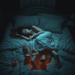 A surreal scene of a woman sleeping peacefully on a bed, with multiple hands emerging from underneath the bed