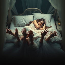 A surreal scene of a woman sleeping peacefully on a bed, with multiple hands emerging from underneath the bed