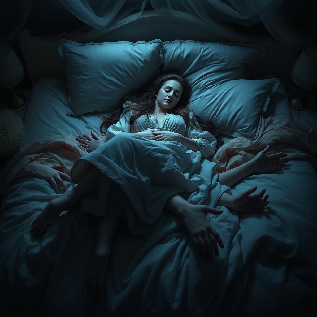 A surreal scene of a woman sleeping peacefully on a bed, with multiple hands emerging from underneath the bed