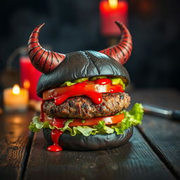 A creative burger designed to resemble a demon, with subtle features that suggest a sinister shape while still looking delicious