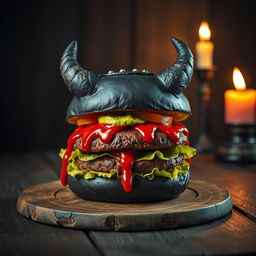 A creative burger designed to resemble a demon, with subtle features that suggest a sinister shape while still looking delicious