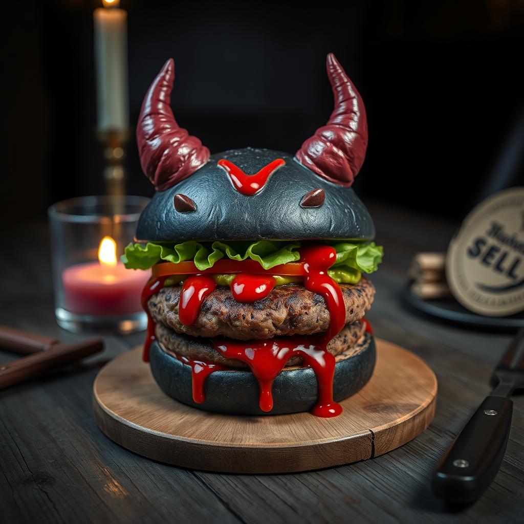 A creative burger designed to resemble a demon, with subtle features that suggest a sinister shape while still looking delicious