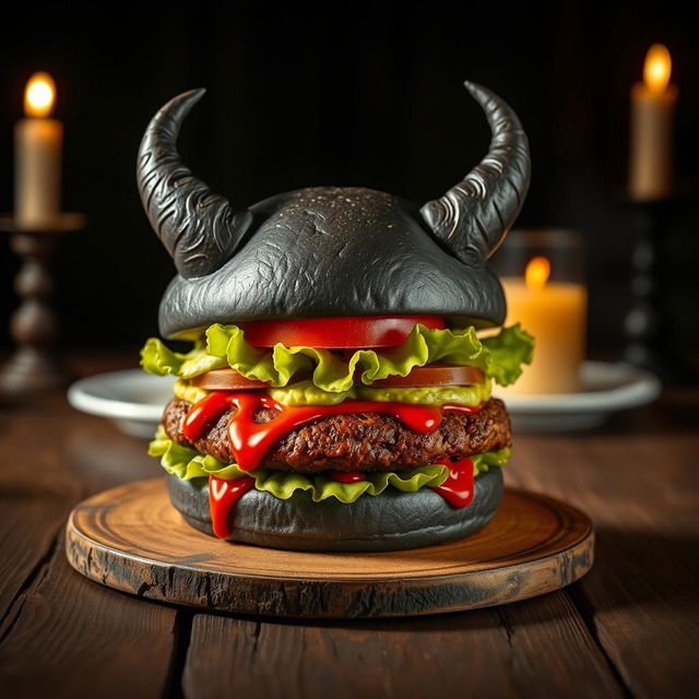 A creative burger designed to resemble a demon, with subtle features that suggest a sinister shape while still looking delicious