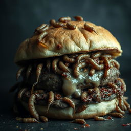 A grotesque representation of a rotting burger, overflowing with putrid meats that are visibly decomposing