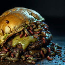 A grotesque representation of a rotting burger, overflowing with putrid meats that are visibly decomposing