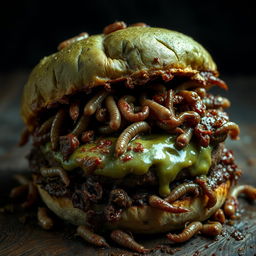 A grotesque representation of a rotting burger, overflowing with putrid meats that are visibly decomposing