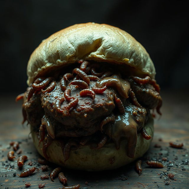 A grotesque representation of a rotting burger, overflowing with putrid meats that are visibly decomposing