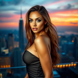 A stunningly attractive woman with alluring features, wearing a stylish, form-fitting dress that accentuates her curves