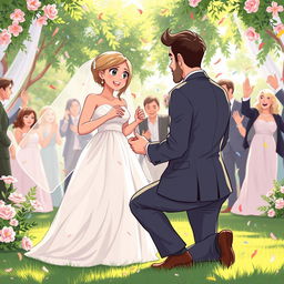 An interactive illustration depicting a wedding scene with a husband passionately begging his wife to marry him again