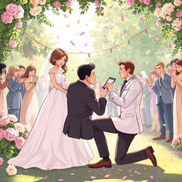 An interactive illustration depicting a wedding scene with a husband passionately begging his wife to marry him again