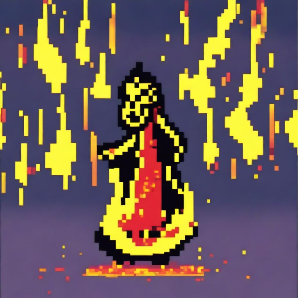 A profile picture made of pixel art, depicting a single, small, dancing fire