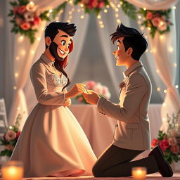 An interactive scene featuring a loving couple in a beautifully arranged wedding setting, where the husband is passionately begging his wife to marry him