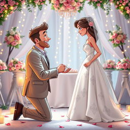 An interactive scene featuring a loving couple in a beautifully arranged wedding setting, where the husband is passionately begging his wife to marry him