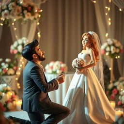 An interactive scene featuring a loving couple in a beautifully arranged wedding setting, where the husband is passionately begging his wife to marry him