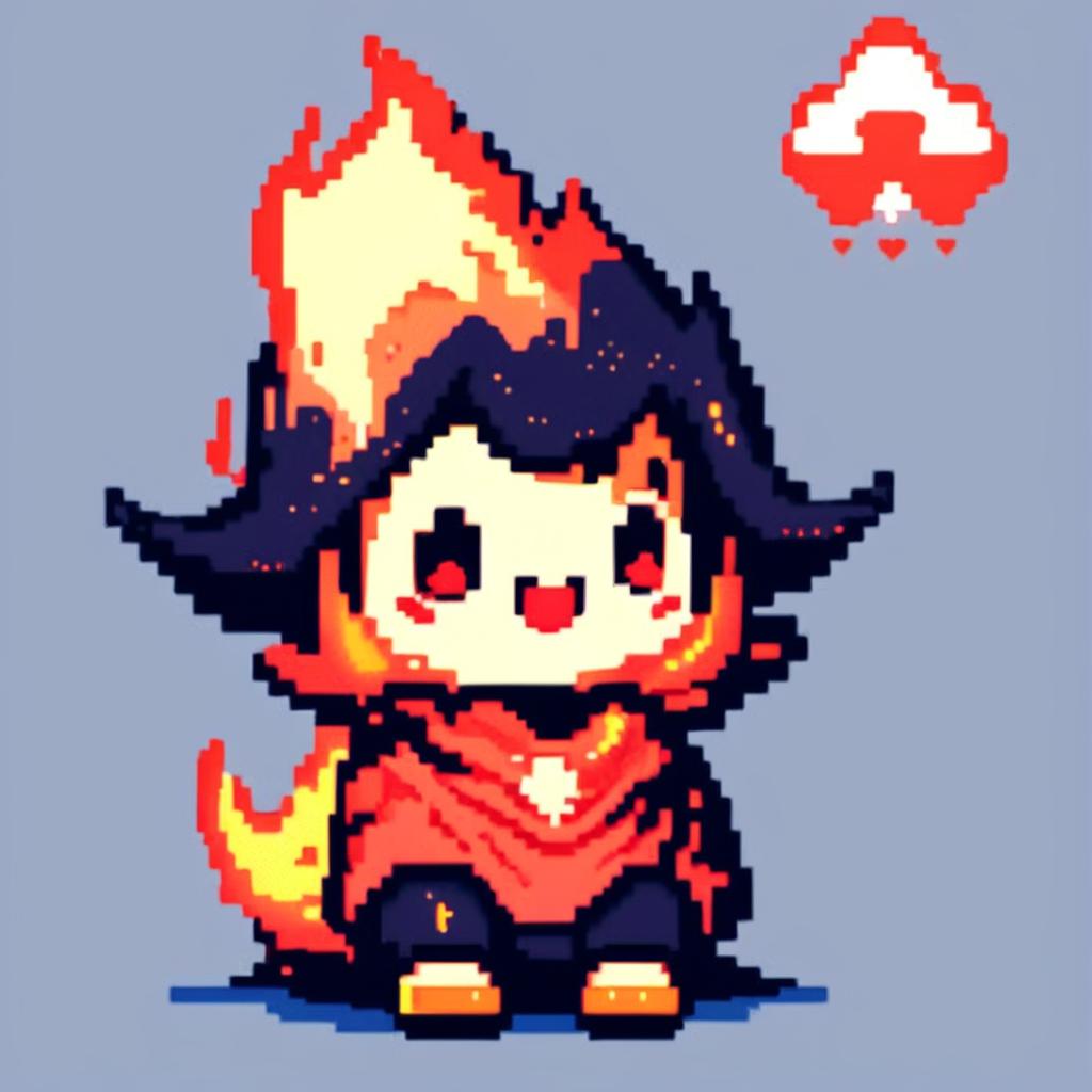 Pixel art profile picture featuring an adorable flame with playful eyes and a warm smile against a gradient blue background.