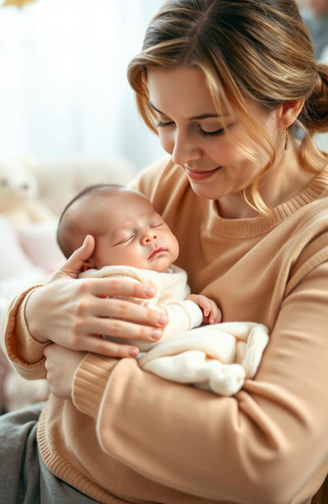 A warm and cozy scene featuring a sleepy baby nestled in the arms of a loving mother