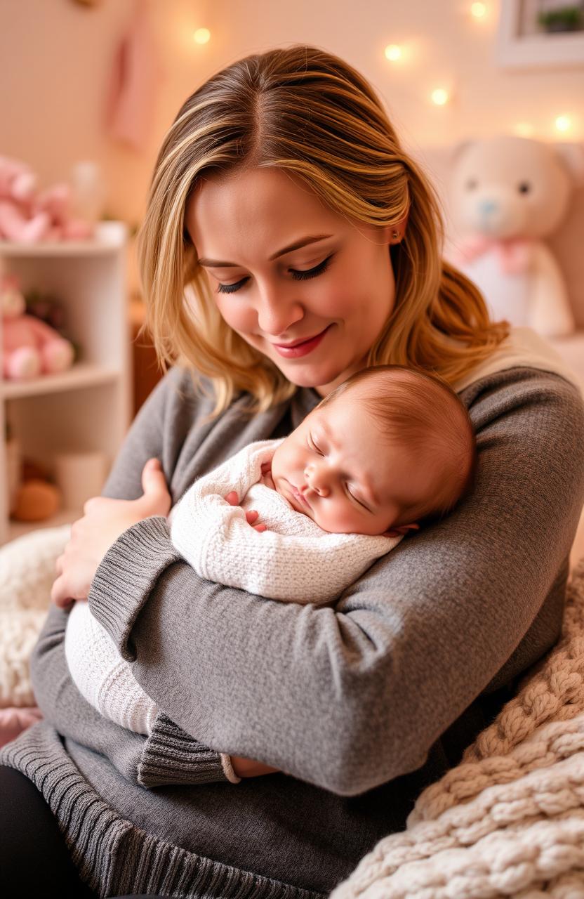 A warm and cozy scene featuring a sleepy baby nestled in the arms of a loving mother