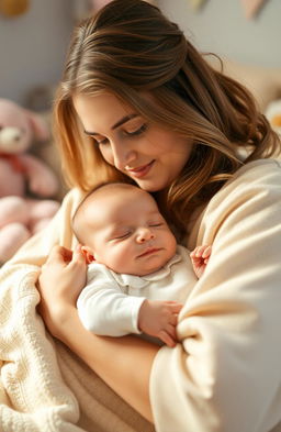 A warm and cozy scene featuring a sleepy baby nestled in the arms of a loving mother