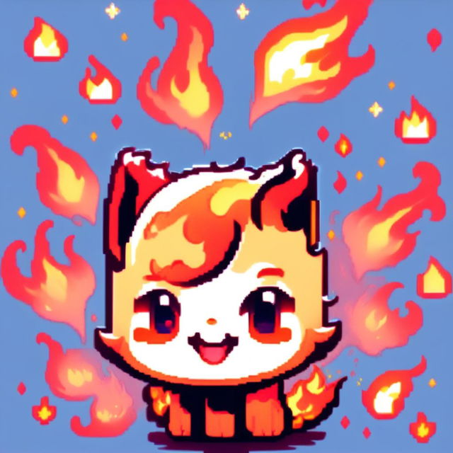 Pixel art profile picture featuring an adorable flame with playful eyes and a warm smile against a gradient blue background.