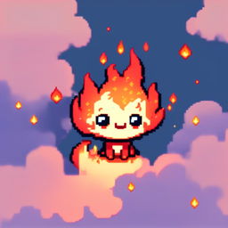 Pixel art profile picture featuring an adorable flame with playful eyes and a warm smile against a gradient blue background.