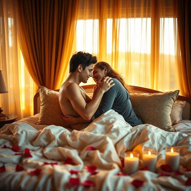 A passionate and romantic scene depicting a couple intertwined in an intimate embrace on a plush bed