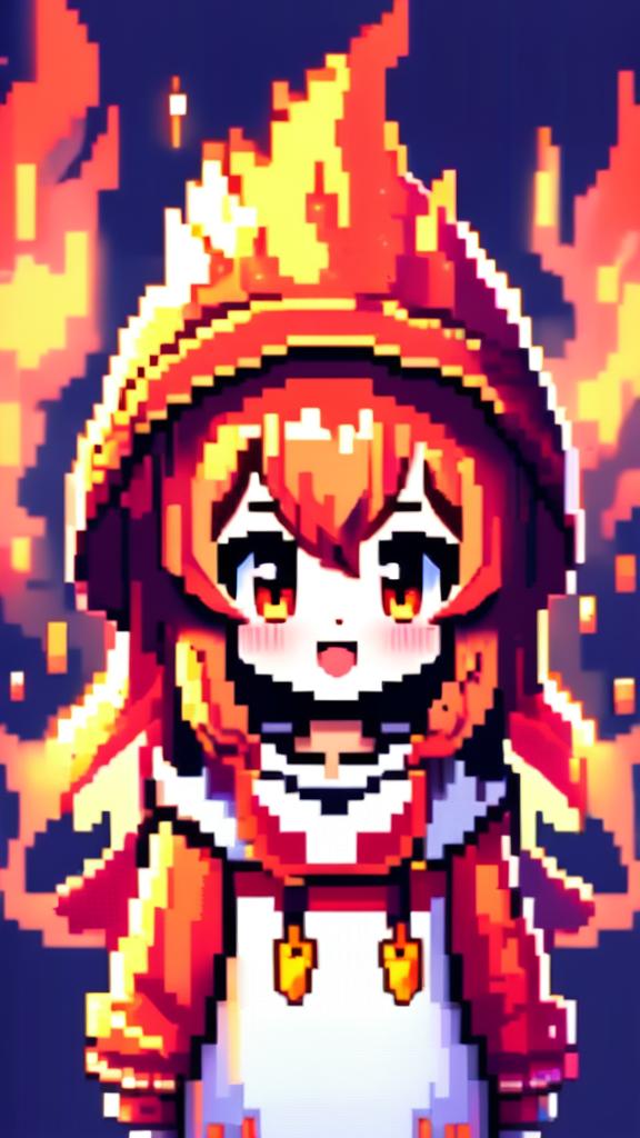 A pixel art profile picture featuring a cute fire