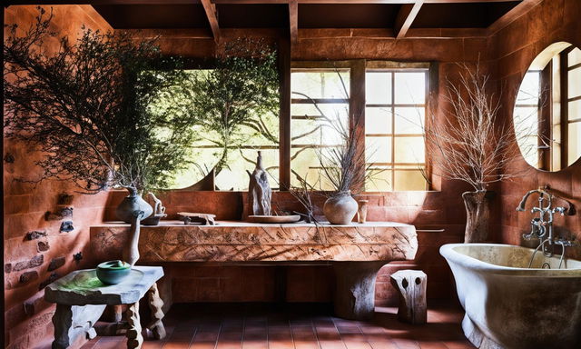 Photograph of a witch-themed bathroom with terracotta-tiled wall, stone vanity, organic-shaped mirror, vase with green branches, soft lighting and architectural elevation