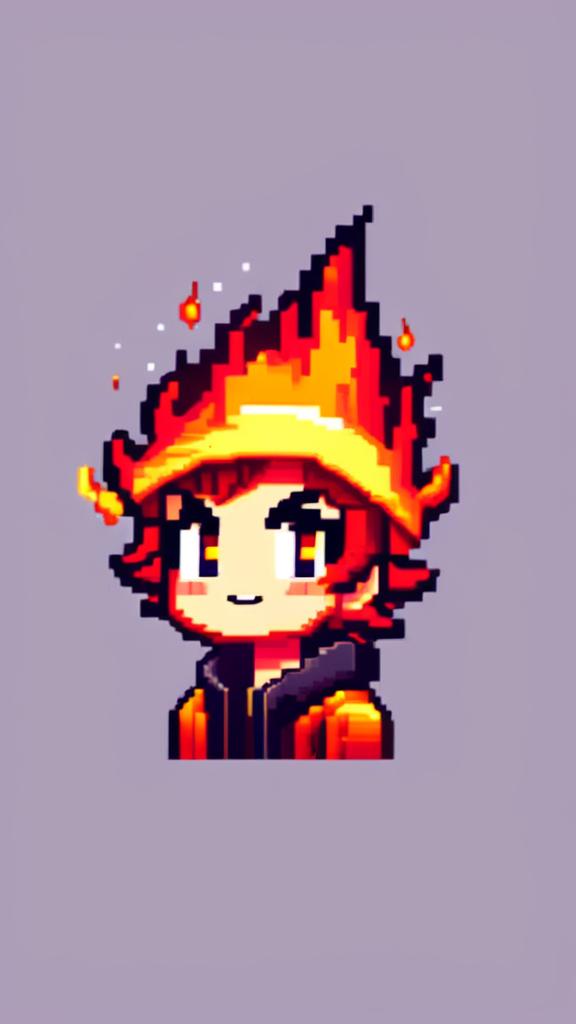 A pixel art profile picture featuring a vibrant fire