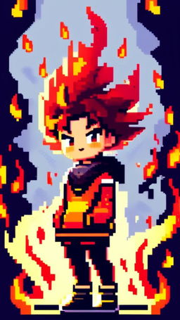 A pixel art profile picture featuring a vibrant fire