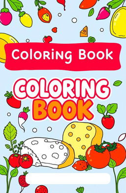 A vibrant and engaging children's coloring book design featuring illustrations of various foods like lemons, cheese, bread, strawberries, radishes, and tomatoes