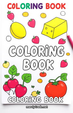 A vibrant and engaging children's coloring book design featuring illustrations of various foods like lemons, cheese, bread, strawberries, radishes, and tomatoes