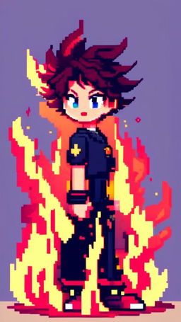 A pixel art profile picture featuring a vibrant fire