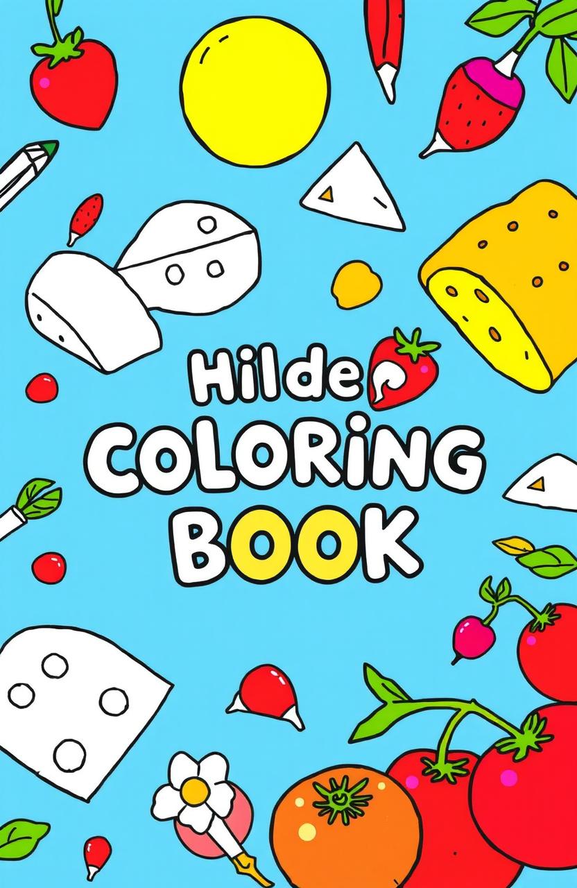 A vibrant and engaging children's coloring book design featuring illustrations of various foods like lemons, cheese, bread, strawberries, radishes, and tomatoes