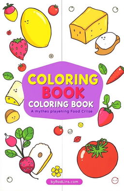 A vibrant and engaging children's coloring book design featuring illustrations of various foods like lemons, cheese, bread, strawberries, radishes, and tomatoes