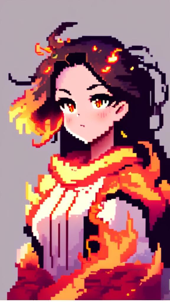 A pixel art profile picture featuring a vibrant fire