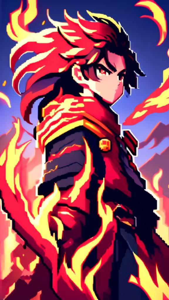 A pixel art profile picture featuring a dynamic fire