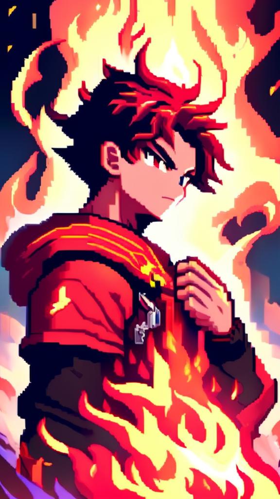 A pixel art profile picture featuring a dynamic fire