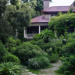 A large, two-story house with vintage charm, surrounded by a lush, beautiful garden.