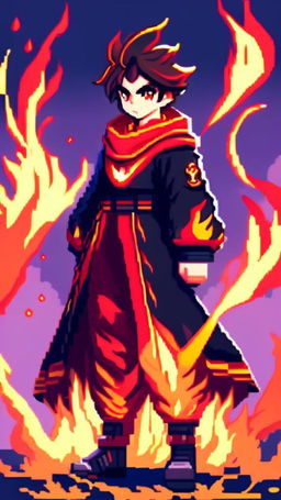 A pixel art profile picture featuring a dynamic fire