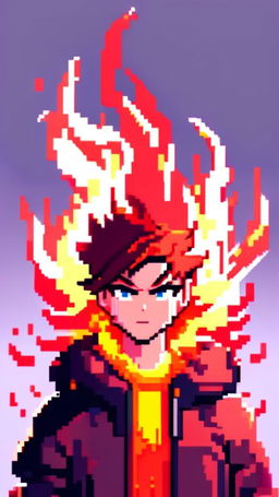 A pixel art profile picture featuring a vibrant fire