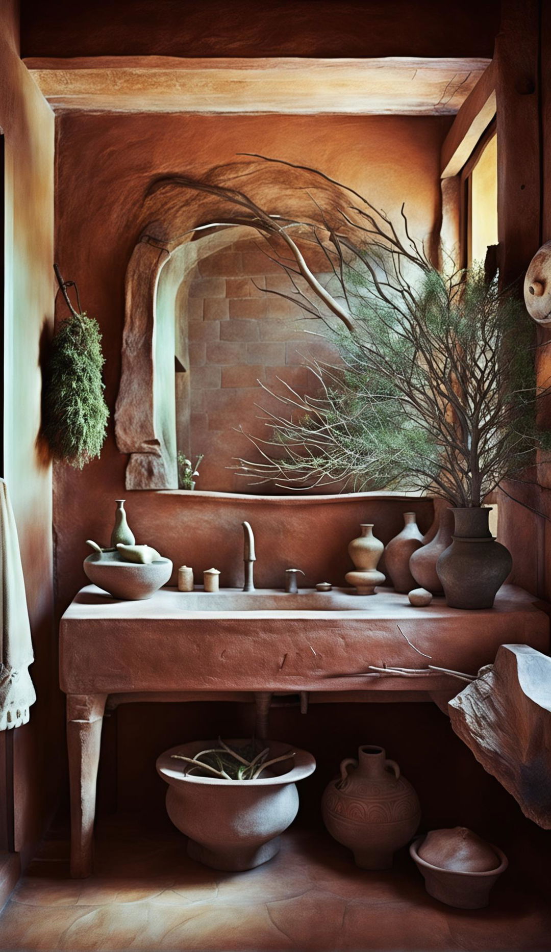 Photograph of a witch-themed bathroom with terracotta-tiled wall, stone vanity, organic-shaped mirror, vase with green branches, witch ornaments, soft lighting and architectural elevation