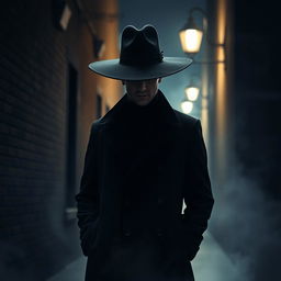 A mysterious man standing in a dimly lit alley, wearing an oversized, stylish black hat that casts a shadow over his face, obscuring his features