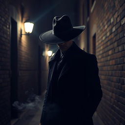 A mysterious man standing in a dimly lit alley, wearing an oversized, stylish black hat that casts a shadow over his face, obscuring his features