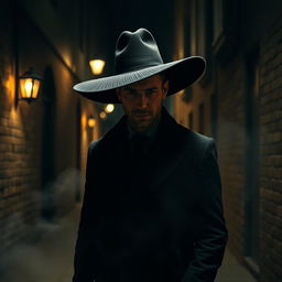 A mysterious man standing in a dimly lit alley, wearing an oversized, stylish black hat that casts a shadow over his face, obscuring his features