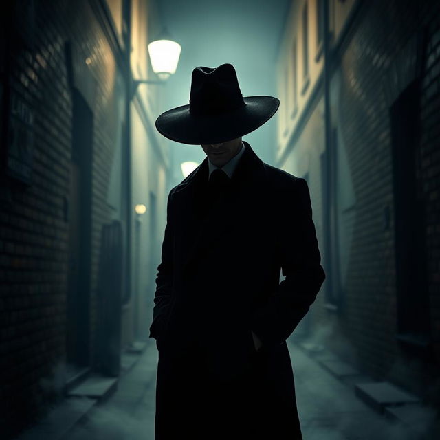 A mysterious man standing in a dimly lit alley, wearing an oversized, stylish black hat that casts a shadow over his face, obscuring his features