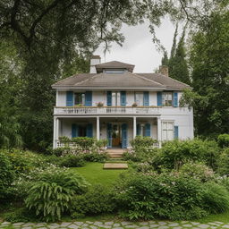 A large, two-story house with vintage charm, surrounded by a lush, beautiful garden.